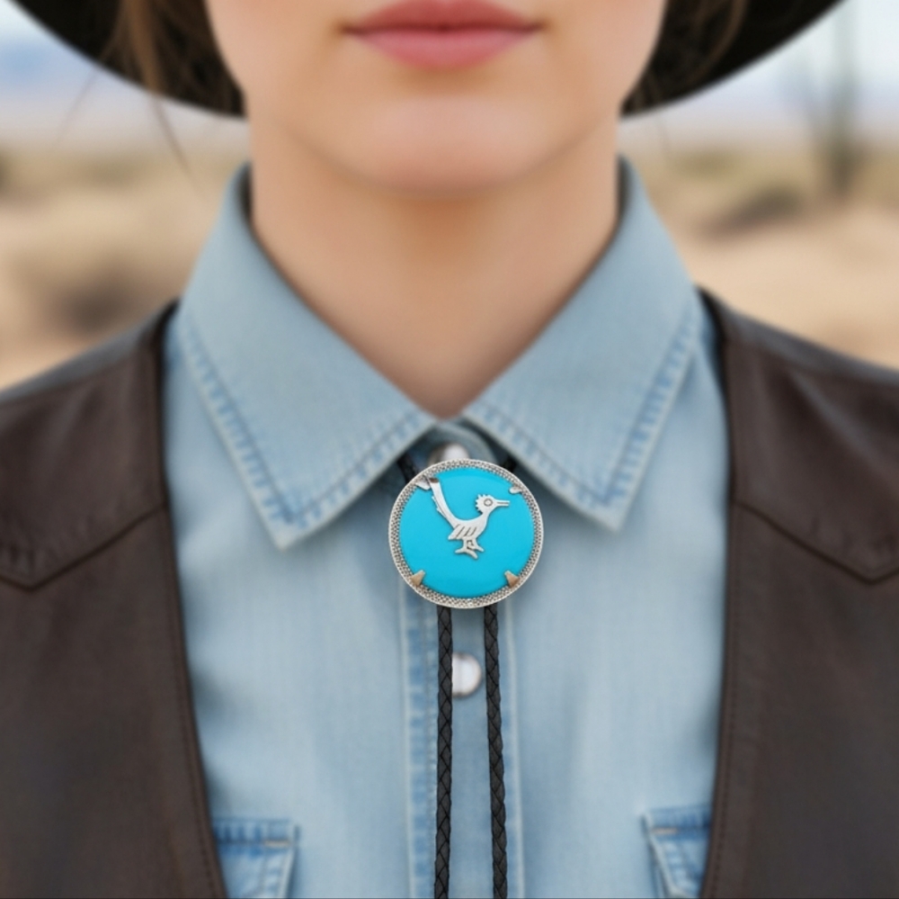 Southwestern taxco native American ? Bolo tie Signed nickel silver w hallmark